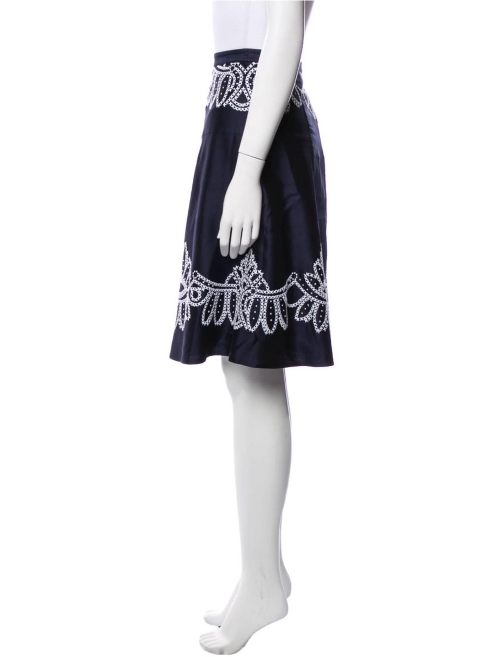 Tory Burch Navy A-Line Skirt with White Embroidered Motif - Picture 2 of 3